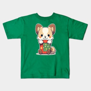 Dog in a patched Christmas stocking Kids T-Shirt